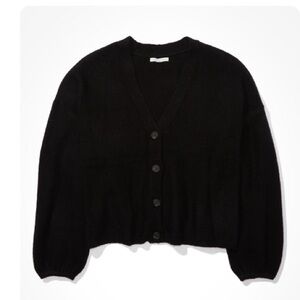 American Eagle Outfitters Black Cropped Balloon Sleeve Button-up Cardigan